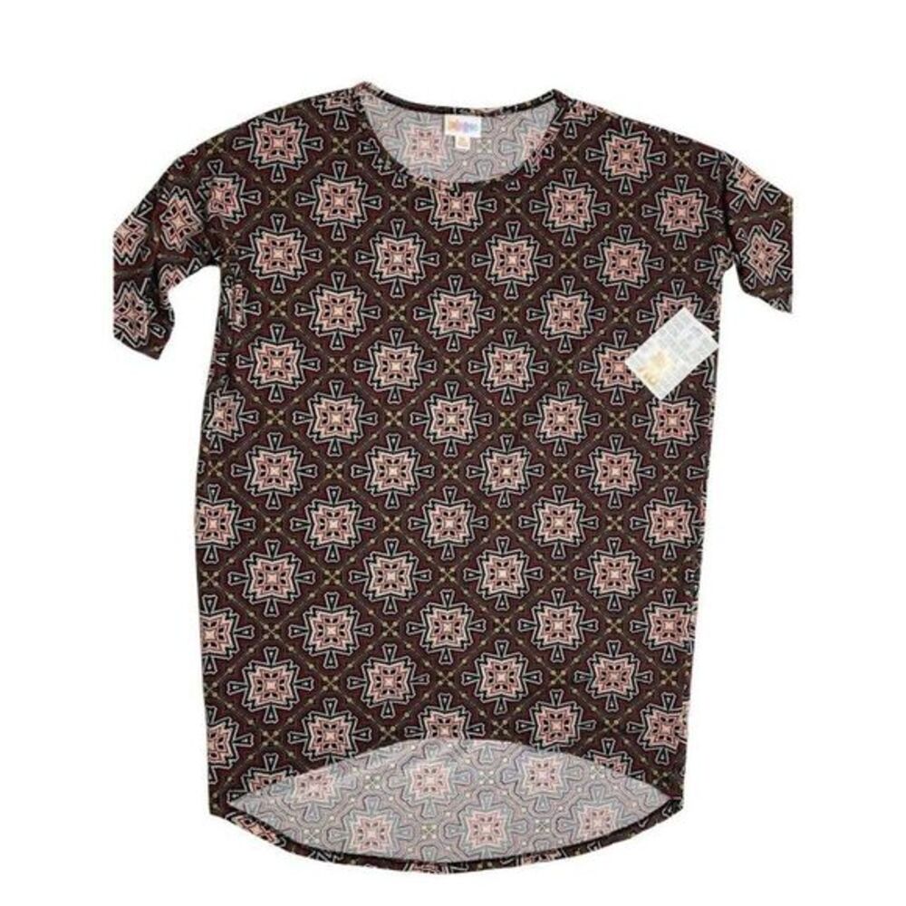 LuLaRoe Irma Tunic Top Red Teal Geometric High Low Hem Shirt‎ XS NWT